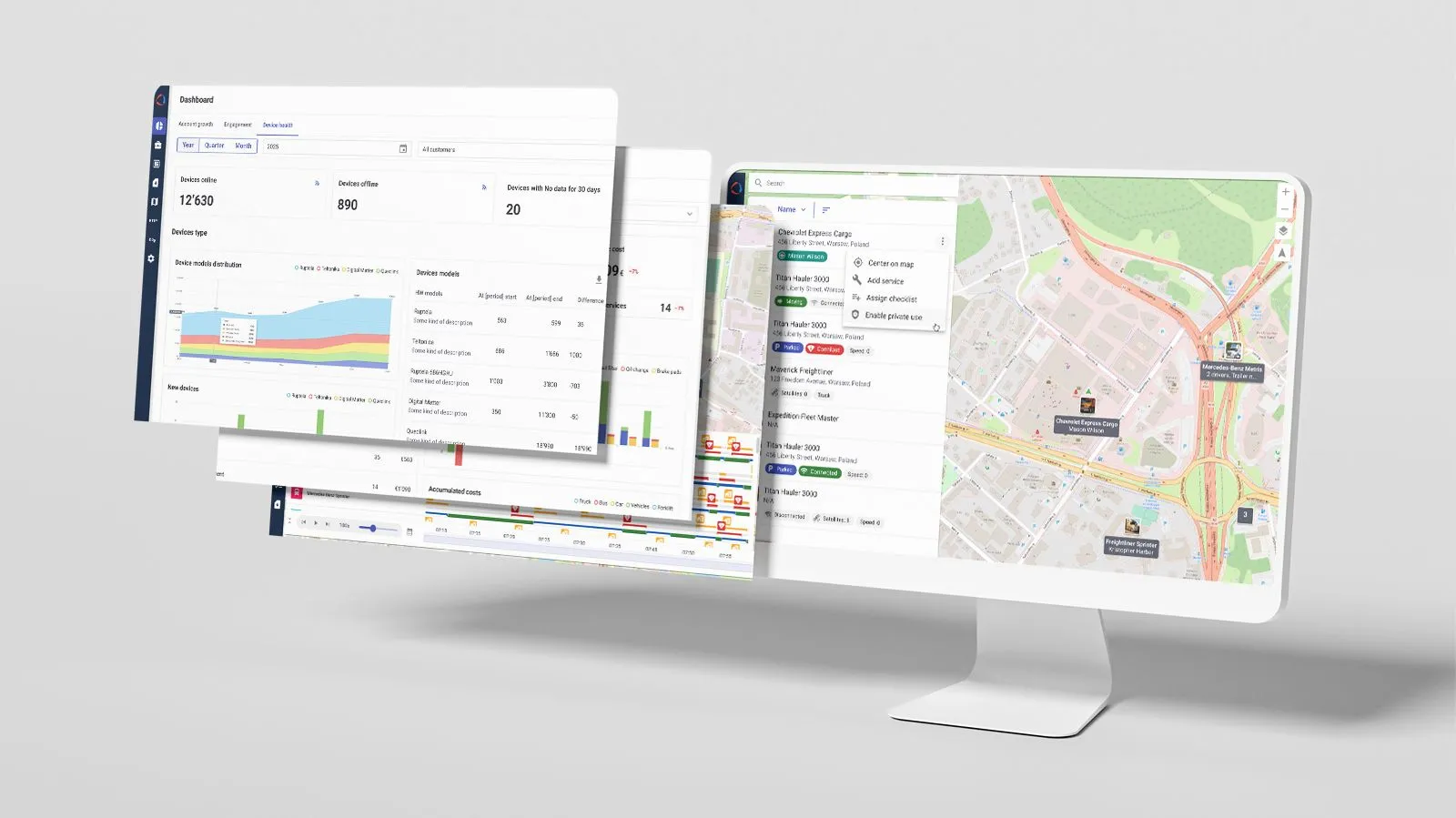BCE Telematics dashboard preview with maps, reports and fleet data