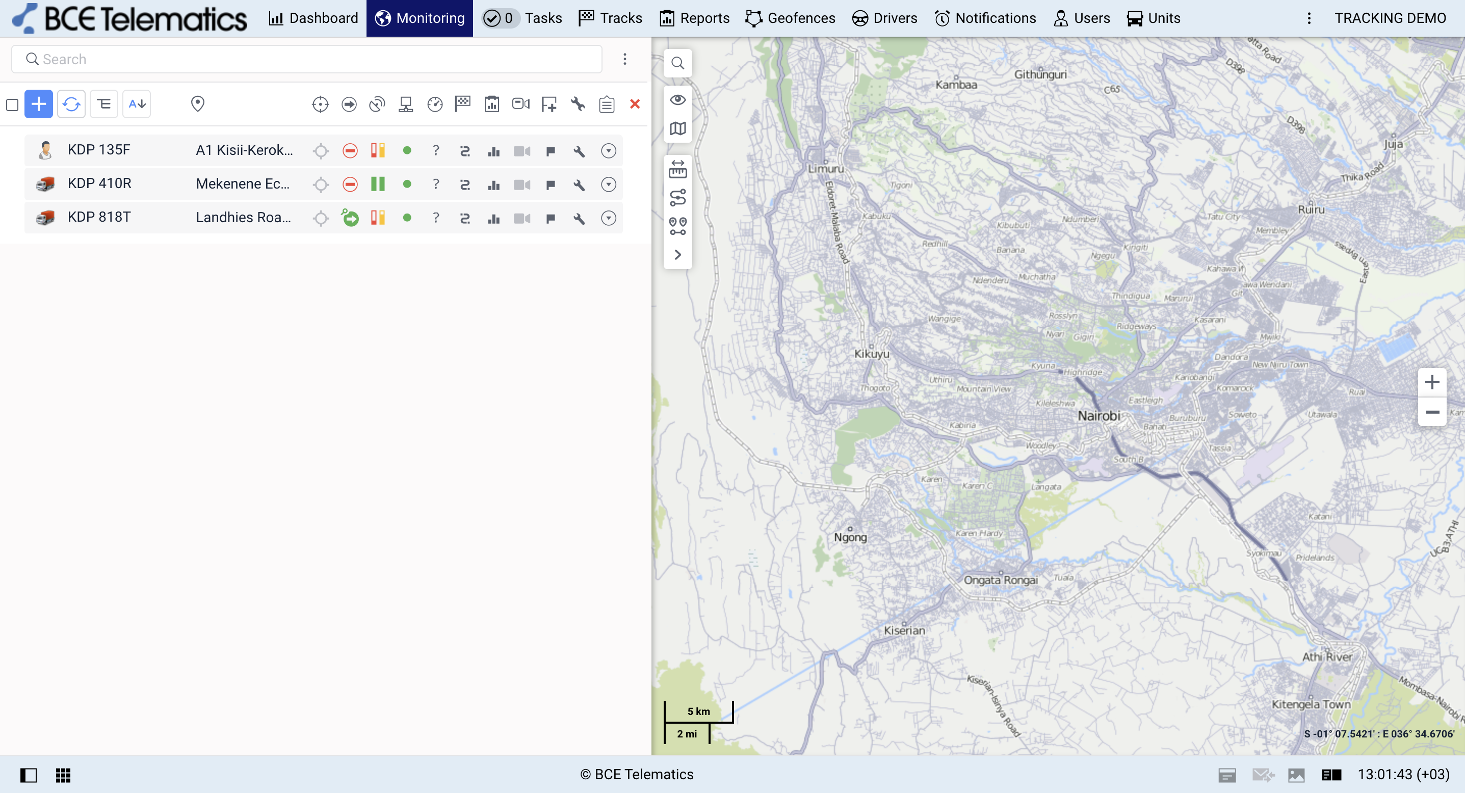BCE Telematics live GPS tracking with sensor parameters